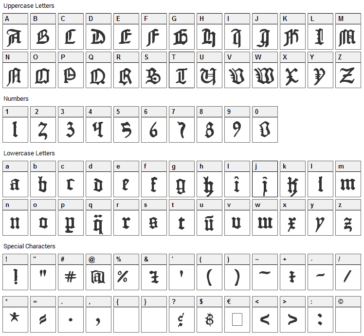 1454 Gutenberg Bibel Font Character Map