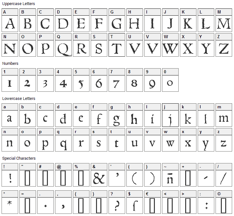 1543 Humane Jenson Font Character Map