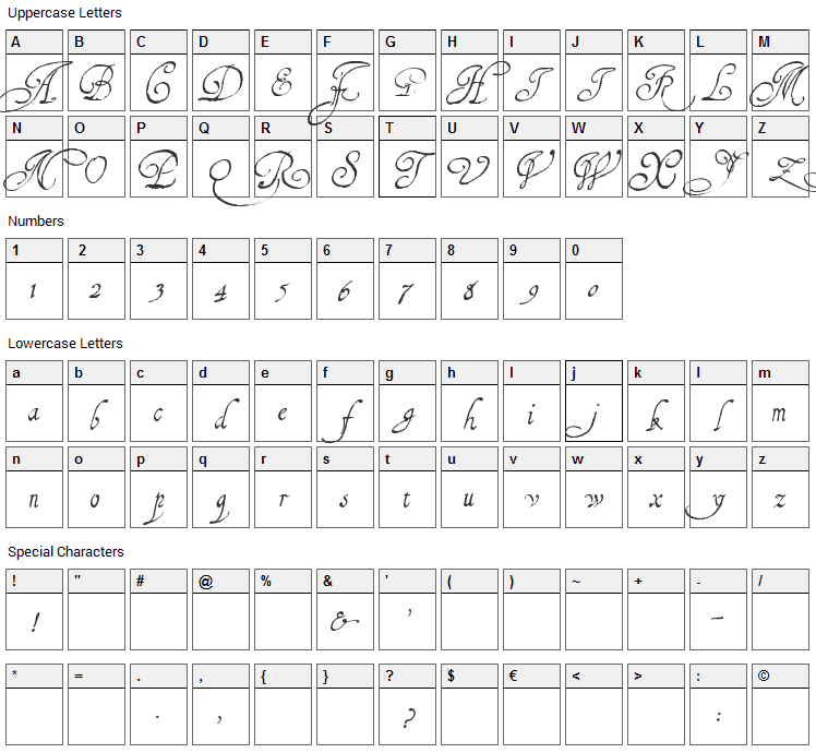1610 Cancellaresca Font Character Map