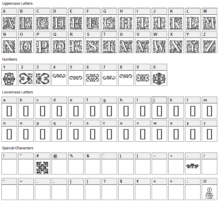 16th Arabesques Font Character Map