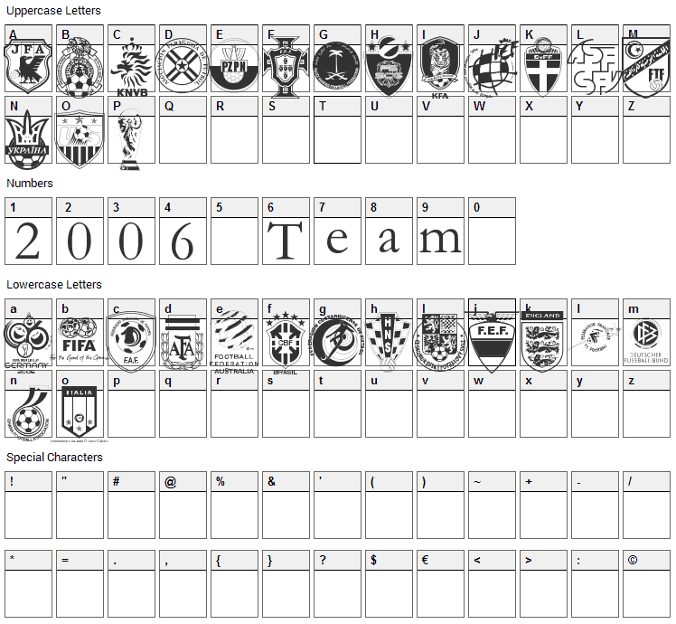 2006 Team Font Character Map