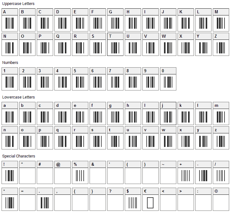 3 of 9 Barcode Font Character Map