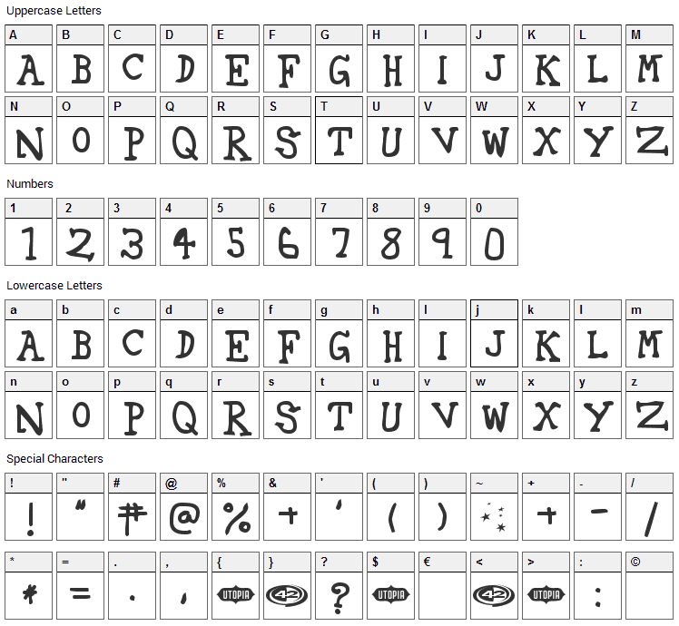 42 Fourty Two Font Character Map