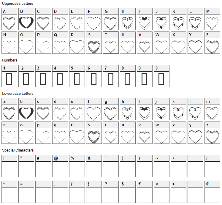 4YEO Hearts Font Character Map