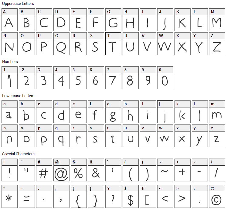 5 years old Font Character Map