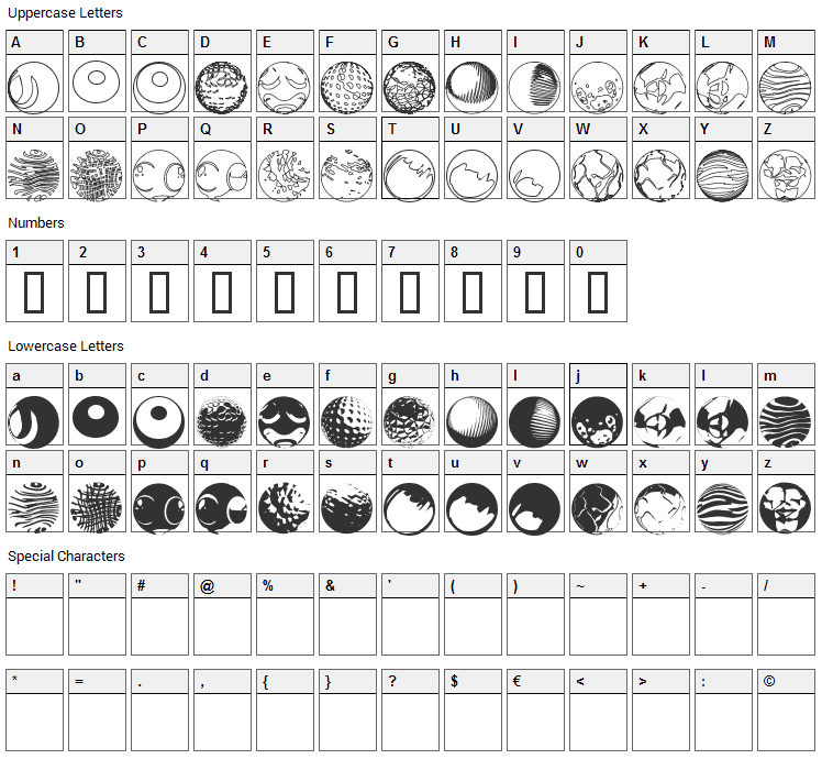 52 Sphereoids Font Character Map