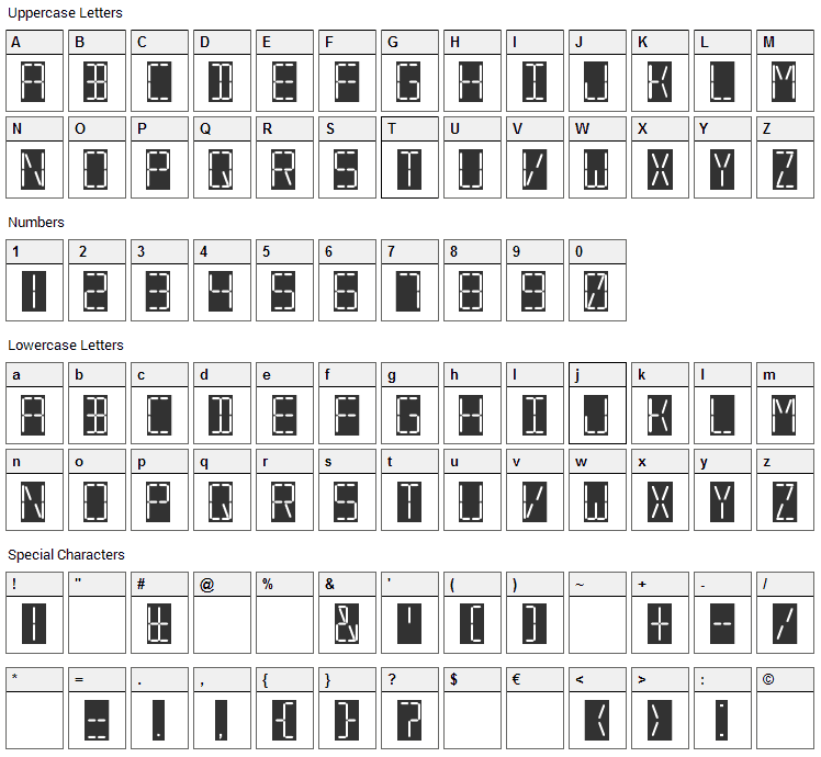 7 Segmental Digital Display Font Character Map