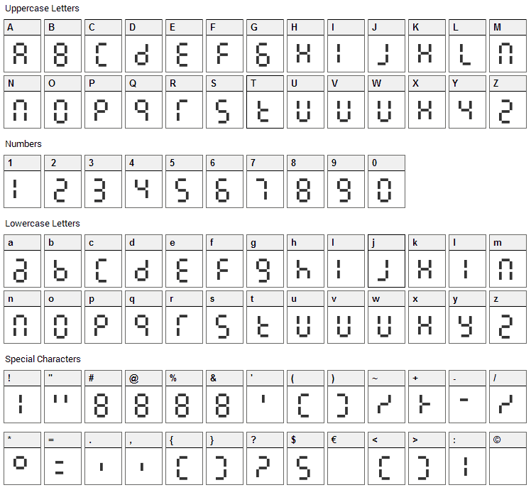 7LineDigital Font Character Map