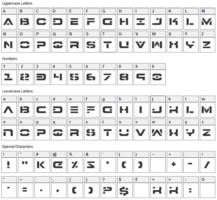 7th Service Font Character Map