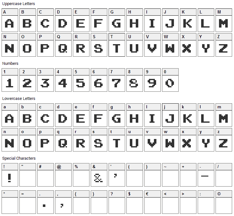 8 Bit Revival Font Character Map