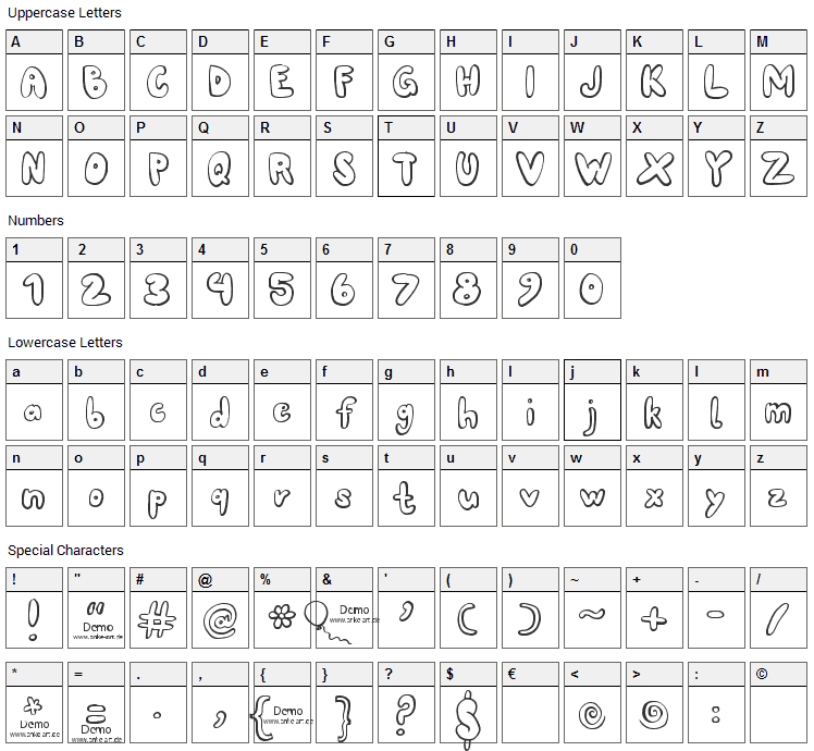 80er Teenie Demo Font Character Map