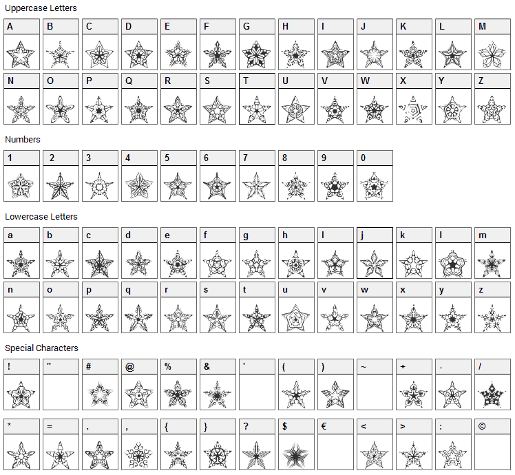 90 Stars Font Character Map