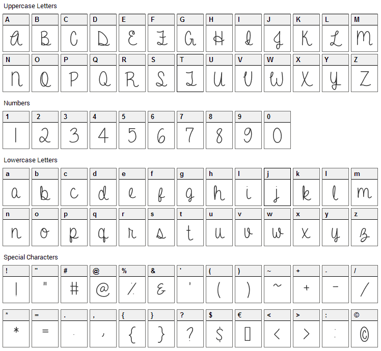 A Gentle Touch Font Character Map