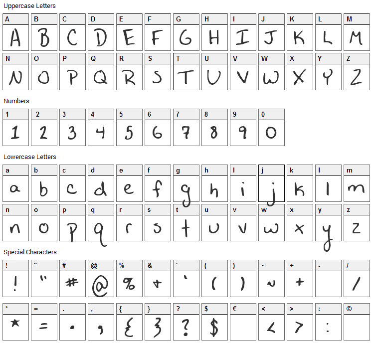 A Horrid Mistake Font Character Map