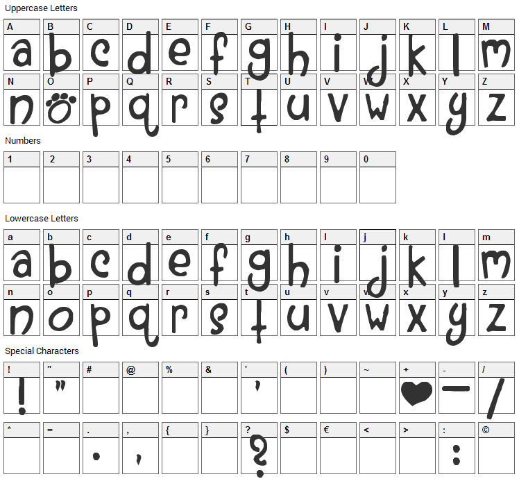 A Red Bucket Font Character Map