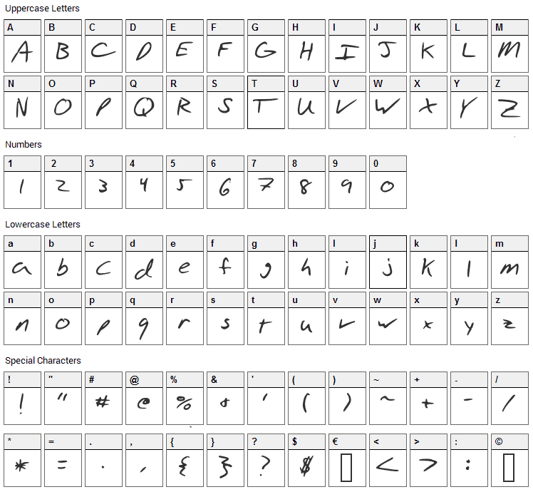 Aarons Hand Font Character Map