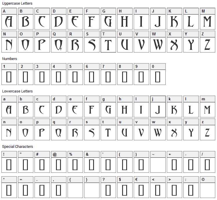 Abaddon Font Character Map