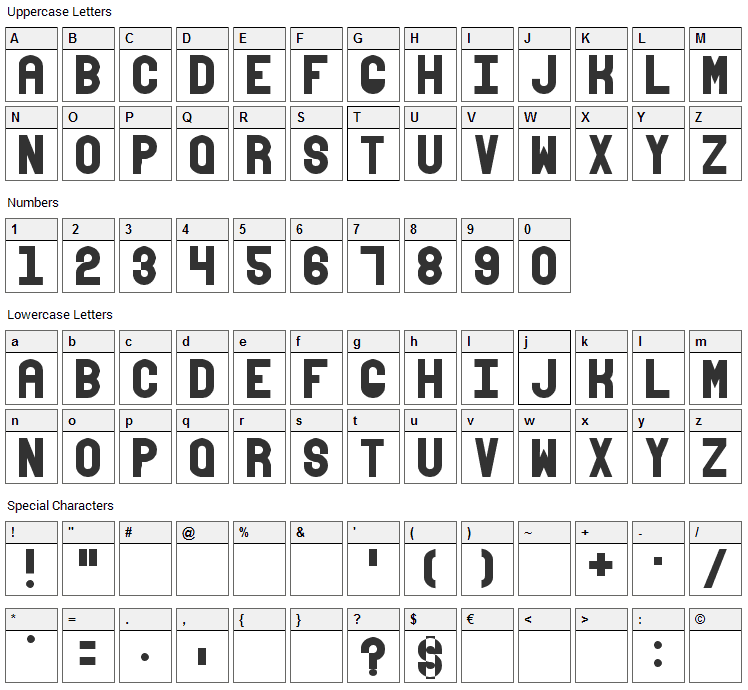 Absender Font Character Map