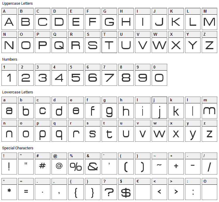 Acens Font Character Map