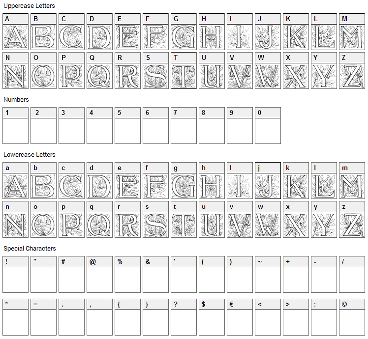 Acorn Initials Font Character Map