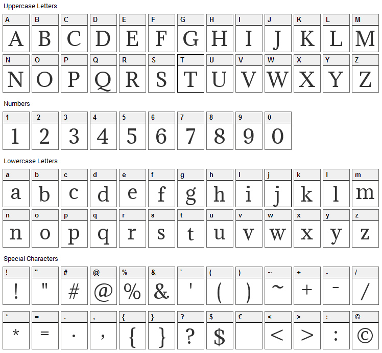 Adamina Font Character Map