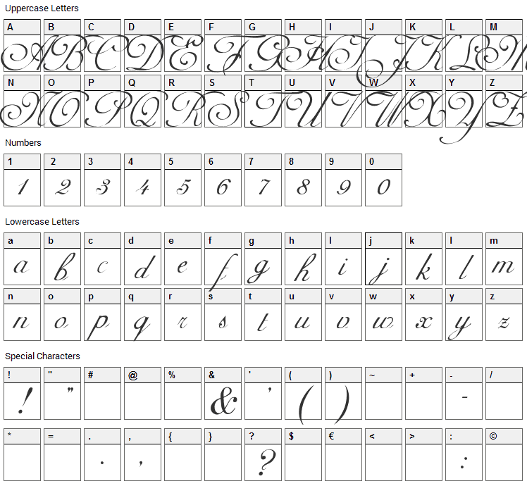 Adine Kirnberg Script Font Character Map