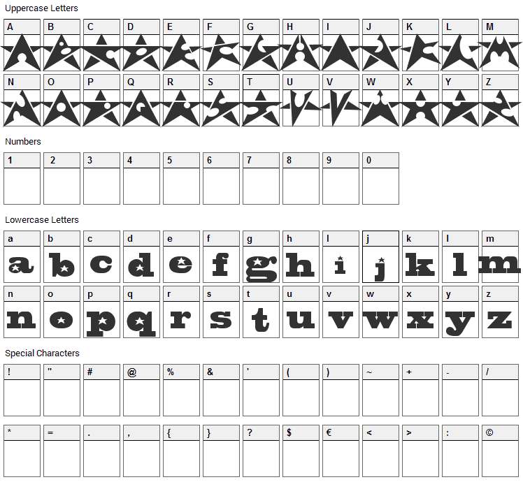 Adrian Stars Font Character Map