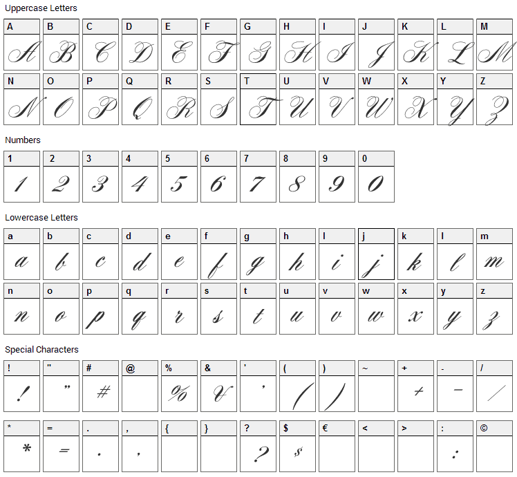 Aerolite Script Font Character Map