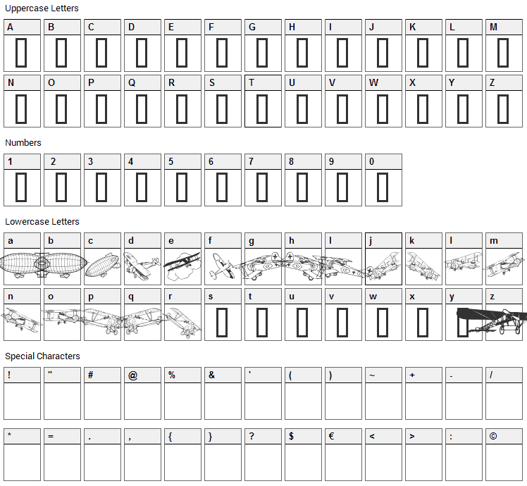 Aeroplanes Font Character Map