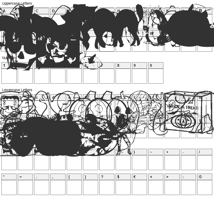 AEZ Halloween Dingbats Font Character Map