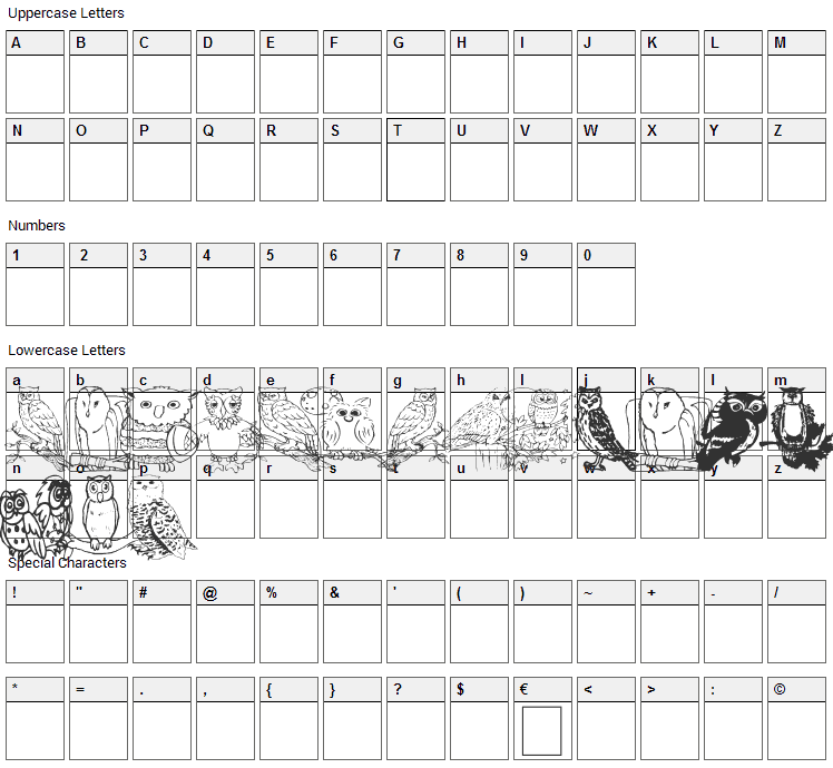 AEZ Owls for Traci Font Character Map