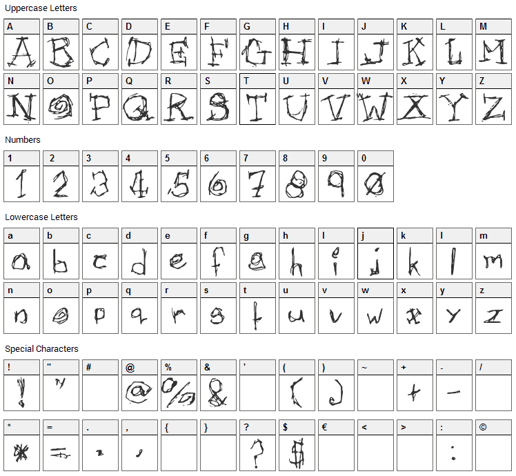 Afectionless Font Character Map