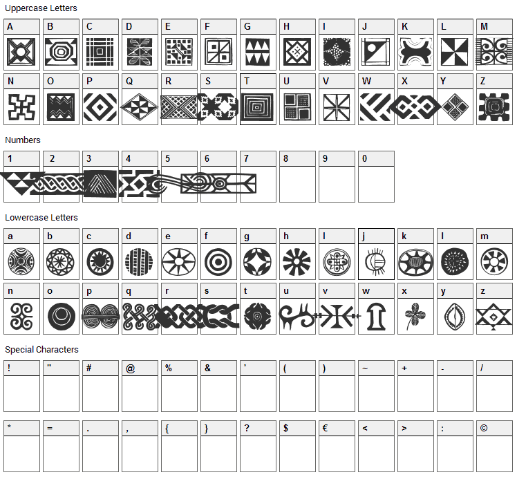 African Ornaments One Font Character Map