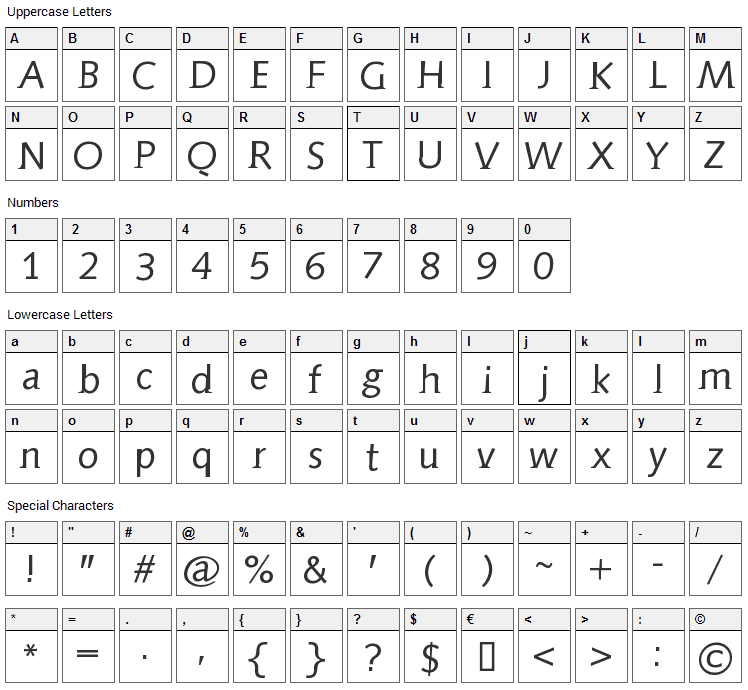 Aida Serif Font Character Map