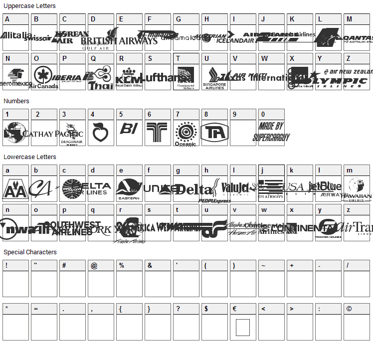 Airline Logos Past and Present Font Character Map