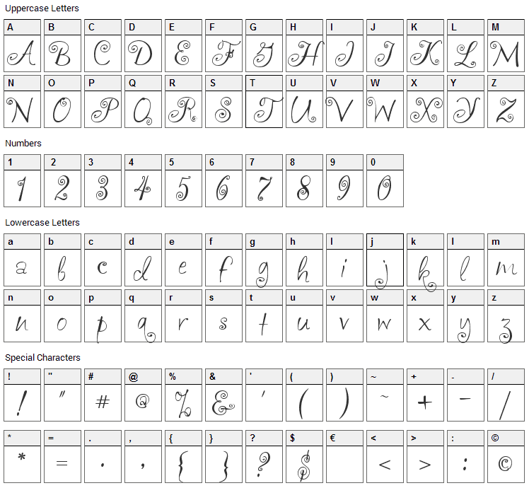 akaFrivolity Font Character Map