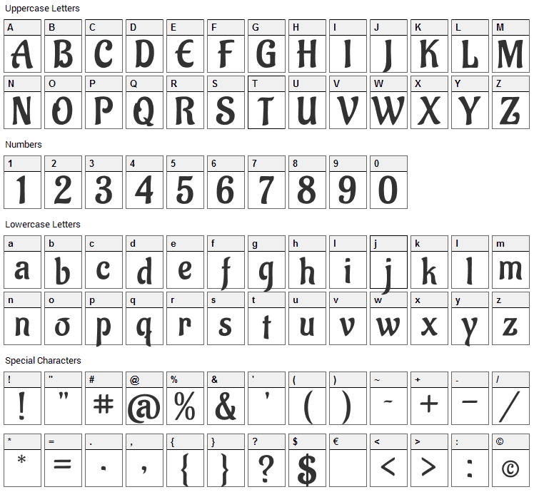 Aladin Font Character Map