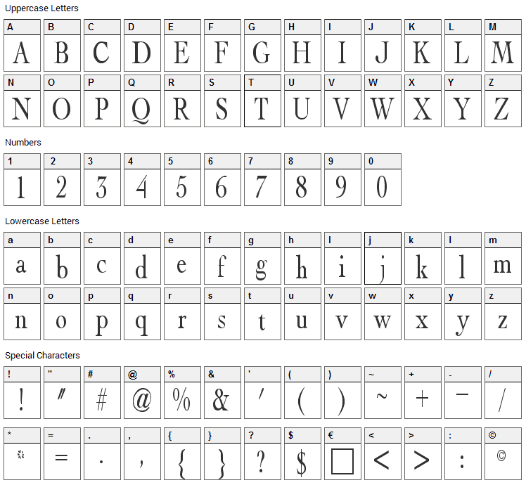 Albatross Font Character Map