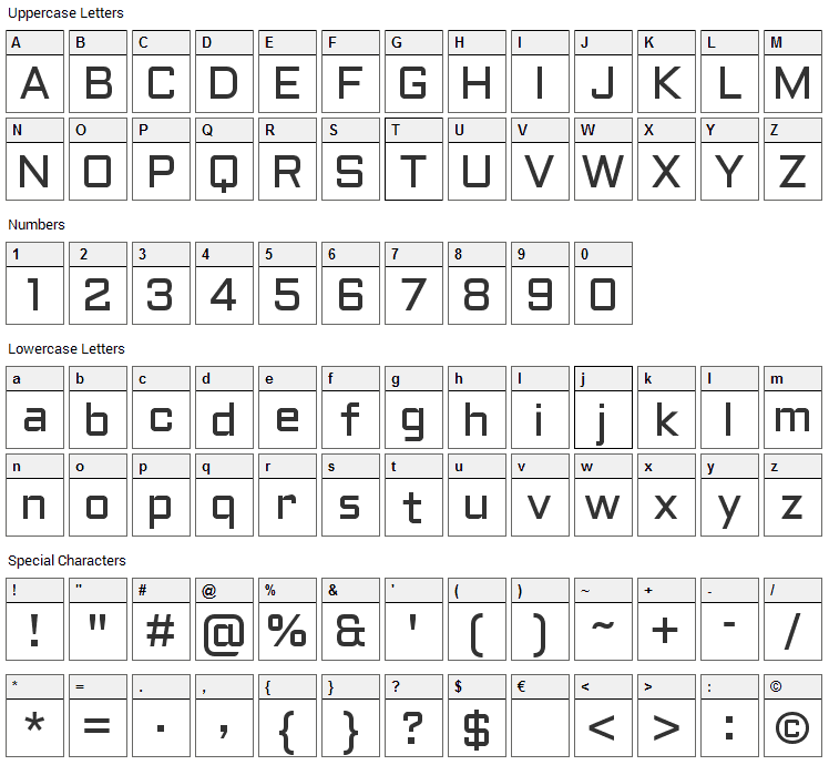 Aldrich Font Character Map