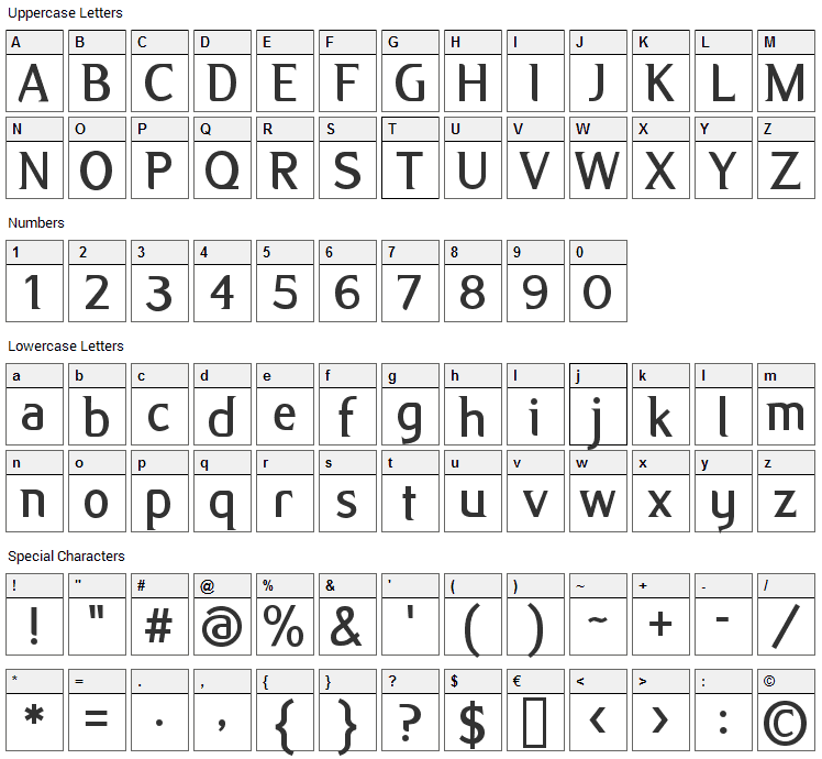 Alex Font Character Map