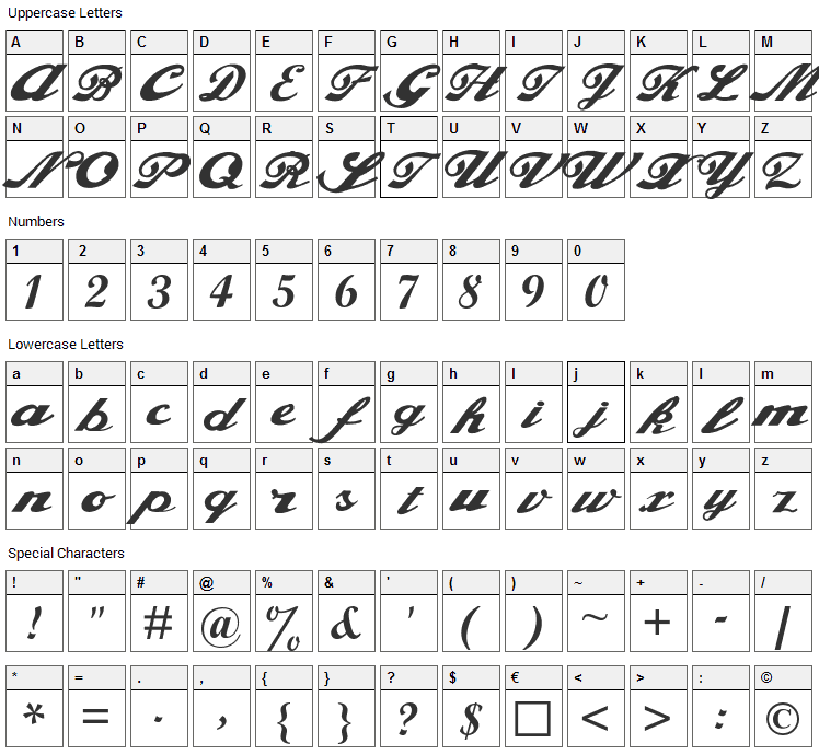 Alfaowner Script Font Character Map