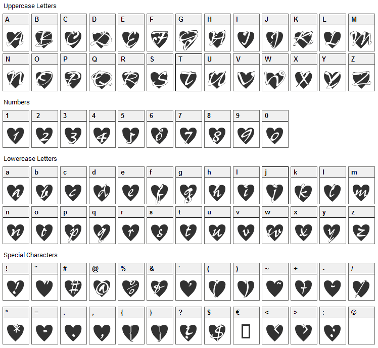 All Hearts Font Character Map