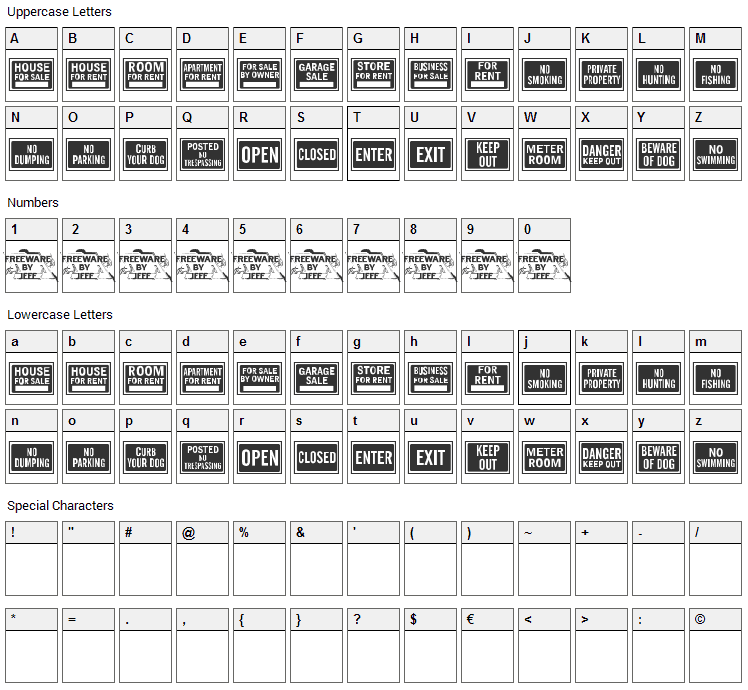 All Purpose Signs JL Font Character Map