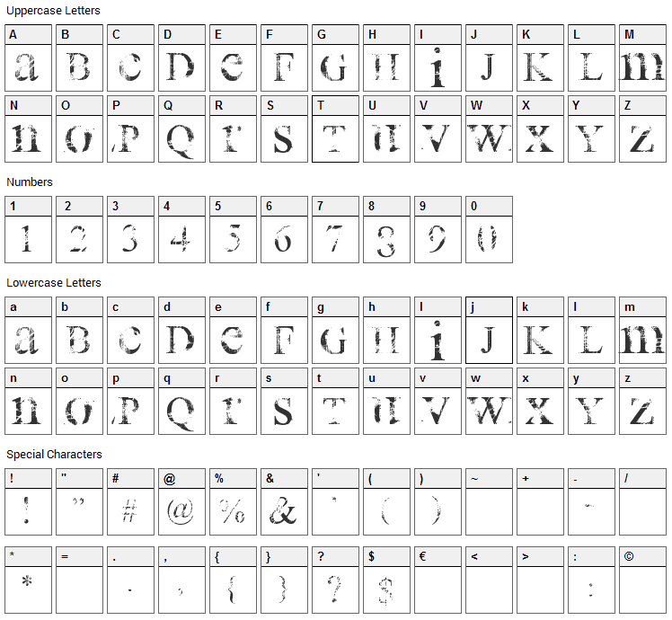 All Used Up Font Character Map