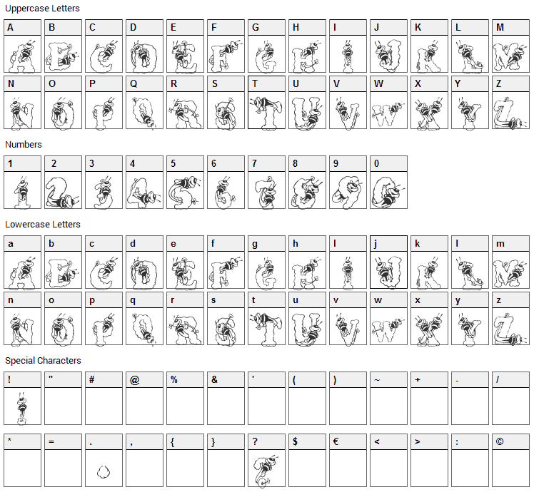 Alpha Bizzy Bee Font Character Map