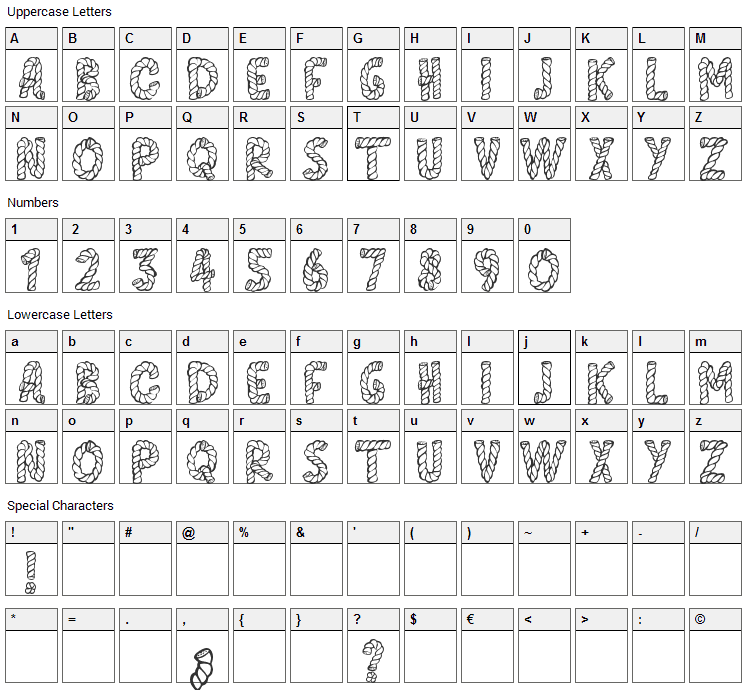 Alpha Rope Font Character Map