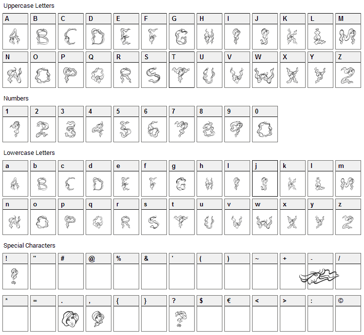 Alpha Woman Hair Font Character Map