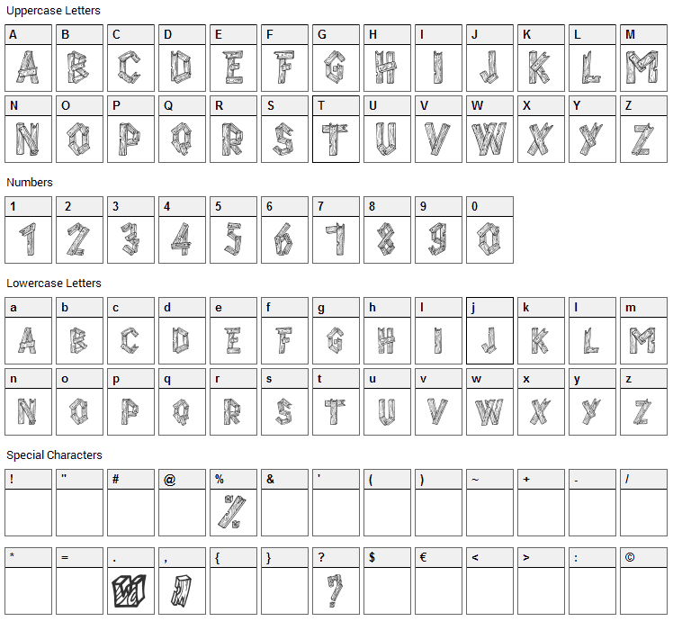 Alpha Wood Font Character Map