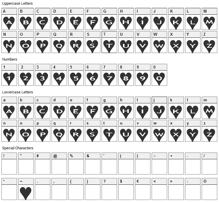 AlphaShapes Hearts Font Character Map