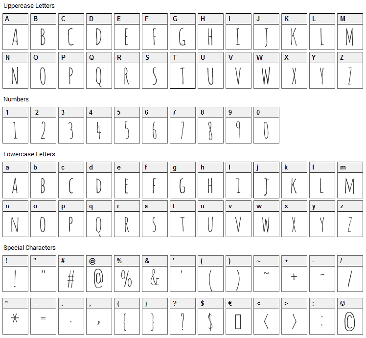 Amatic SC Font Character Map